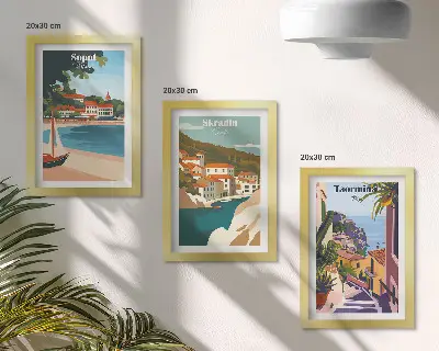 Photo frame wall with seaside city view illustrations