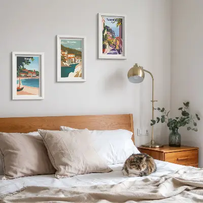 Photo frame wall with seaside city view illustrations