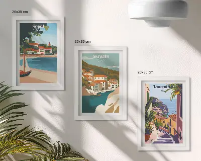 Photo frame wall with seaside city view illustrations