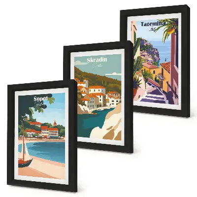 Photo frame wall with seaside city view illustrations