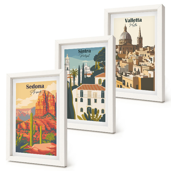 Framed triptych Retro cityscapes of Sedona Sintra Valletta
