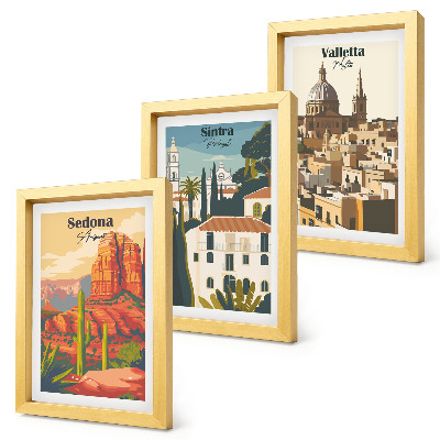 Framed triptych Retro cityscapes of Sedona Sintra Valletta