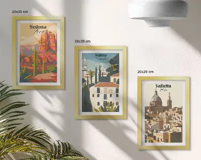 Retro cityscapes of Sedona Sintra and Valletta framed triptych