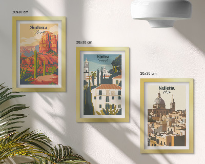 Framed triptych Retro cityscapes of Sedona Sintra Valletta