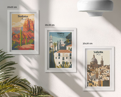 Framed triptych Retro cityscapes of Sedona Sintra Valletta