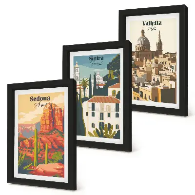 Retro cityscapes of Sedona Sintra and Valletta framed triptych