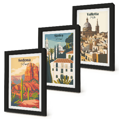 Framed triptych Retro cityscapes of Sedona Sintra Valletta