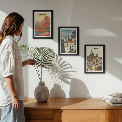 Framed triptych Retro cityscapes of Sedona Sintra Valletta