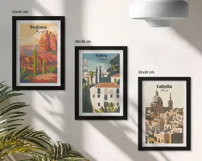 Retro cityscapes of Sedona Sintra and Valletta framed triptych