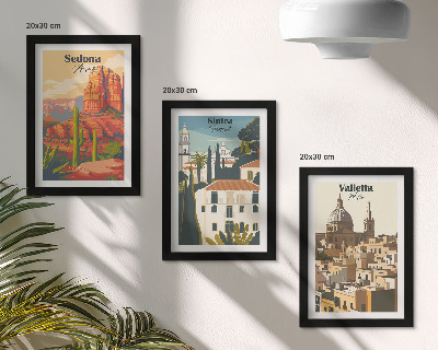 Framed triptych Retro cityscapes of Sedona Sintra Valletta
