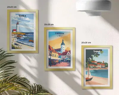 Photo frame gallery wall with views of Polish cities Ustka Tarnów and Sopot