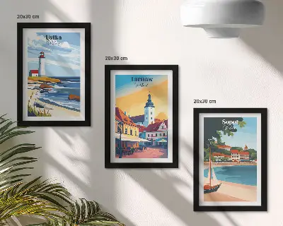 Photo frame gallery wall with views of Polish cities Ustka Tarnów and Sopot
