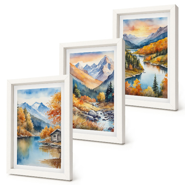Framed triptych Mountain landscape with a river and autumn trees