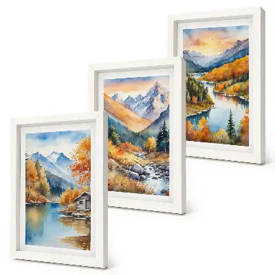 Mountain landscape with a river and autumn trees framed triptych