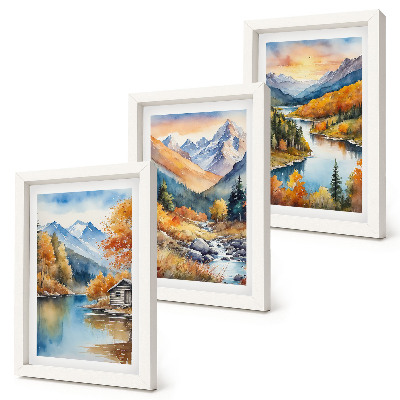 Framed triptych Mountain landscape with a river and autumn trees