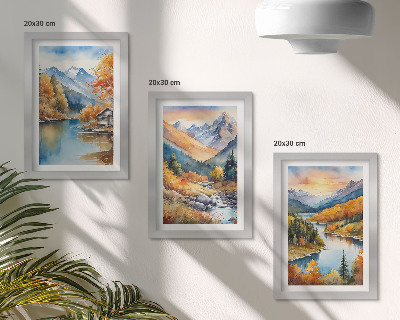 Framed triptych Mountain landscape with a river and autumn trees