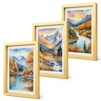 Mountain landscape with a river and autumn trees framed triptych