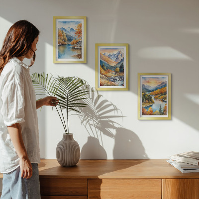 Framed triptych Mountain landscape with a river and autumn trees