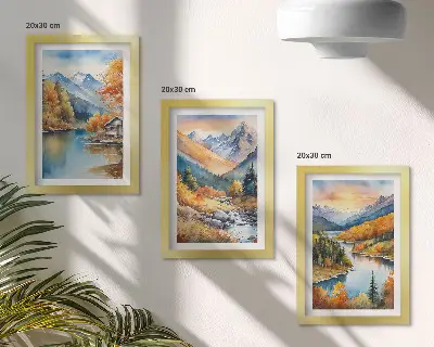 Mountain landscape with a river and autumn trees framed triptych