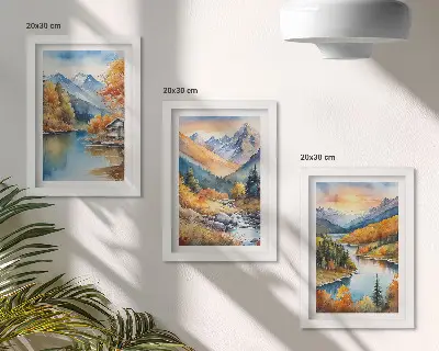 Mountain landscape with a river and autumn trees framed triptych