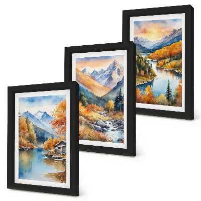 Framed triptych Mountain landscape with a river and autumn trees