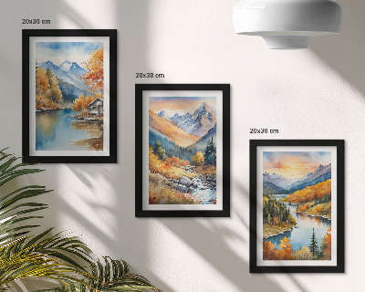 Framed triptych Mountain landscape with a river and autumn trees