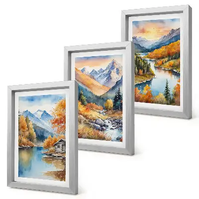 Mountain landscape with a river and autumn trees framed triptych