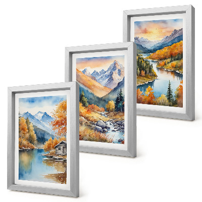 Framed triptych Mountain landscape with a river and autumn trees