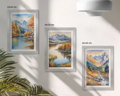 3-piece wall art set mountain views with a river and autumn trees