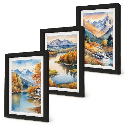 3-piece wall art set Mountain views with river and autumn trees