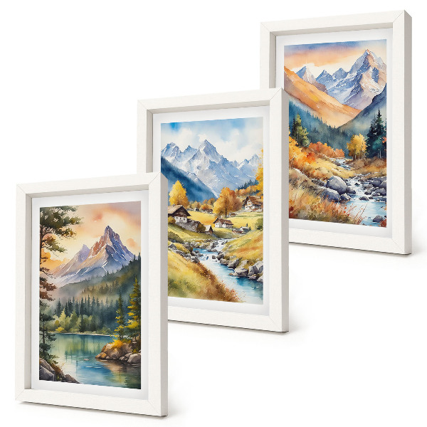 Photo frame wall A mountain landscape with a river and cottages in autumn colors