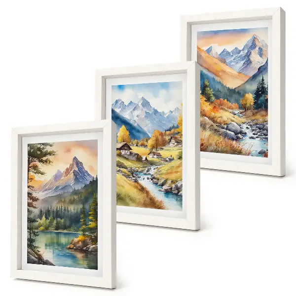 Photo frame wall featuring a mountain landscape with a river and autumn cottages
