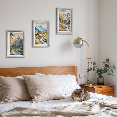 Photo frame wall A mountain landscape with a river and cottages in autumn colors