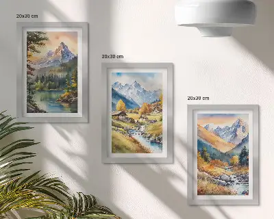 Photo frame wall featuring a mountain landscape with a river and autumn cottages