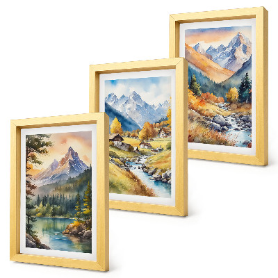 Photo frame wall A mountain landscape with a river and cottages in autumn colors