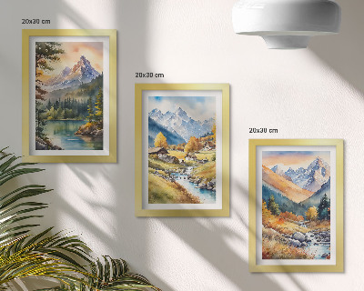 Photo frame wall A mountain landscape with a river and cottages in autumn colors