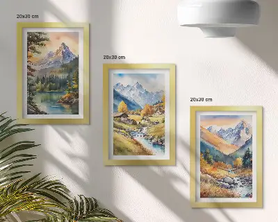 Photo frame wall featuring a mountain landscape with a river and autumn cottages