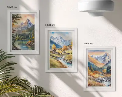 Photo frame wall featuring a mountain landscape with a river and autumn cottages