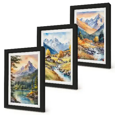 Photo frame wall featuring a mountain landscape with a river and autumn cottages