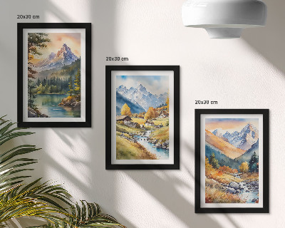 Photo frame wall A mountain landscape with a river and cottages in autumn colors