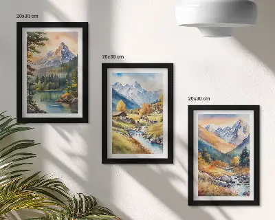 Photo frame wall featuring a mountain landscape with a river and autumn cottages