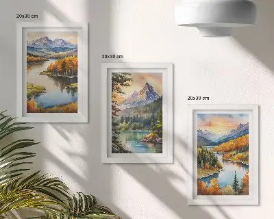 Photo frame wall gallery mountain landscape with a river and colorful trees