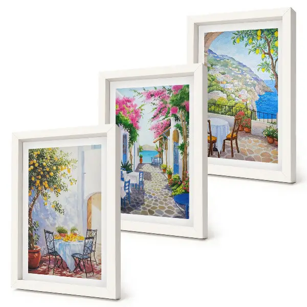 Charming streets with flowering plants and sea views framed triptych