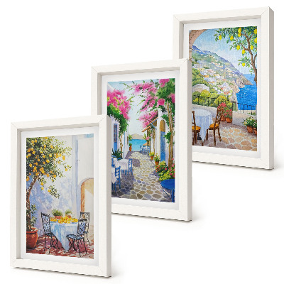Framed triptych Charming streets with flowering plants and sea views