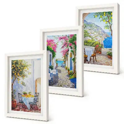 Charming streets with flowering plants and sea views framed triptych