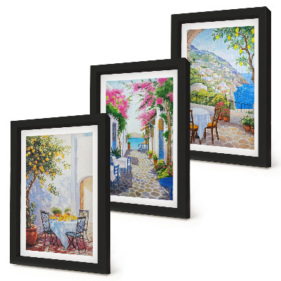 Framed triptych Charming streets with flowering plants and sea views