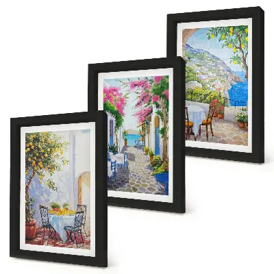 Charming streets with flowering plants and sea views framed triptych