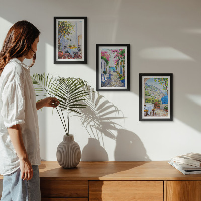 Framed triptych Charming streets with flowering plants and sea views