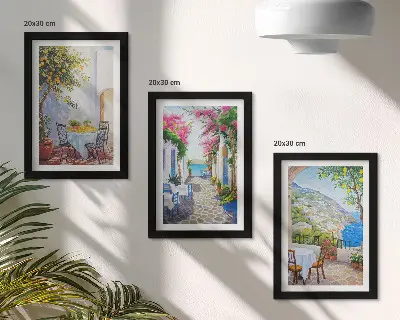 Charming streets with flowering plants and sea views framed triptych