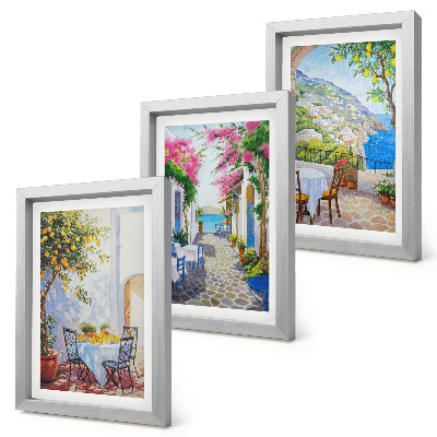 Framed triptych Charming streets with flowering plants and sea views